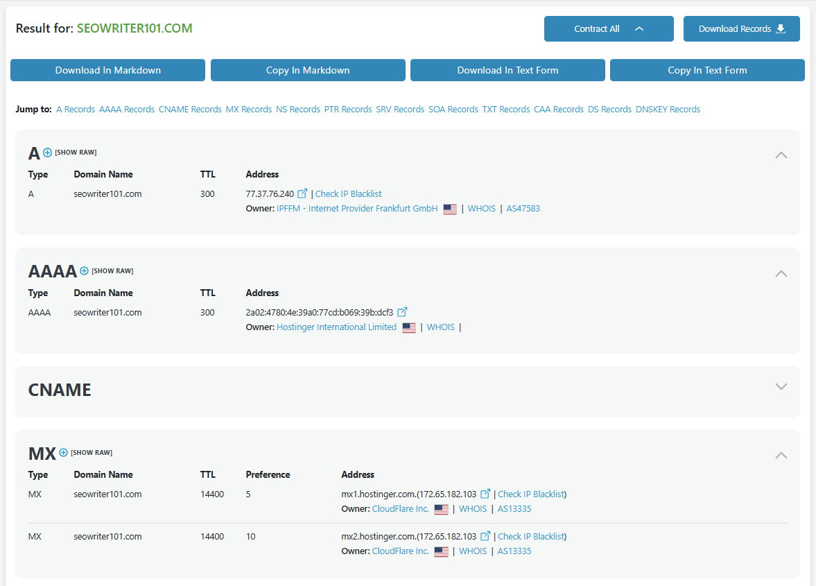 DNS records lookup